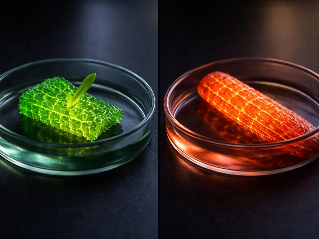 Split-view of two simple plant tissue samples showing different gene-expression colors, same cell texture