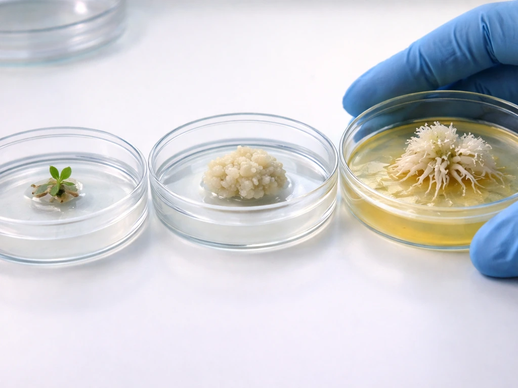Three sterile Petri dishes showing explant, callus formation, and rooting-stage tissue culture on agar.