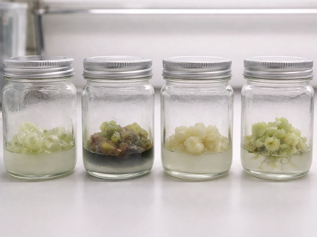 Close-up of plant tissue culture samples in agar jars showing different rooting outcomes under natural light.
