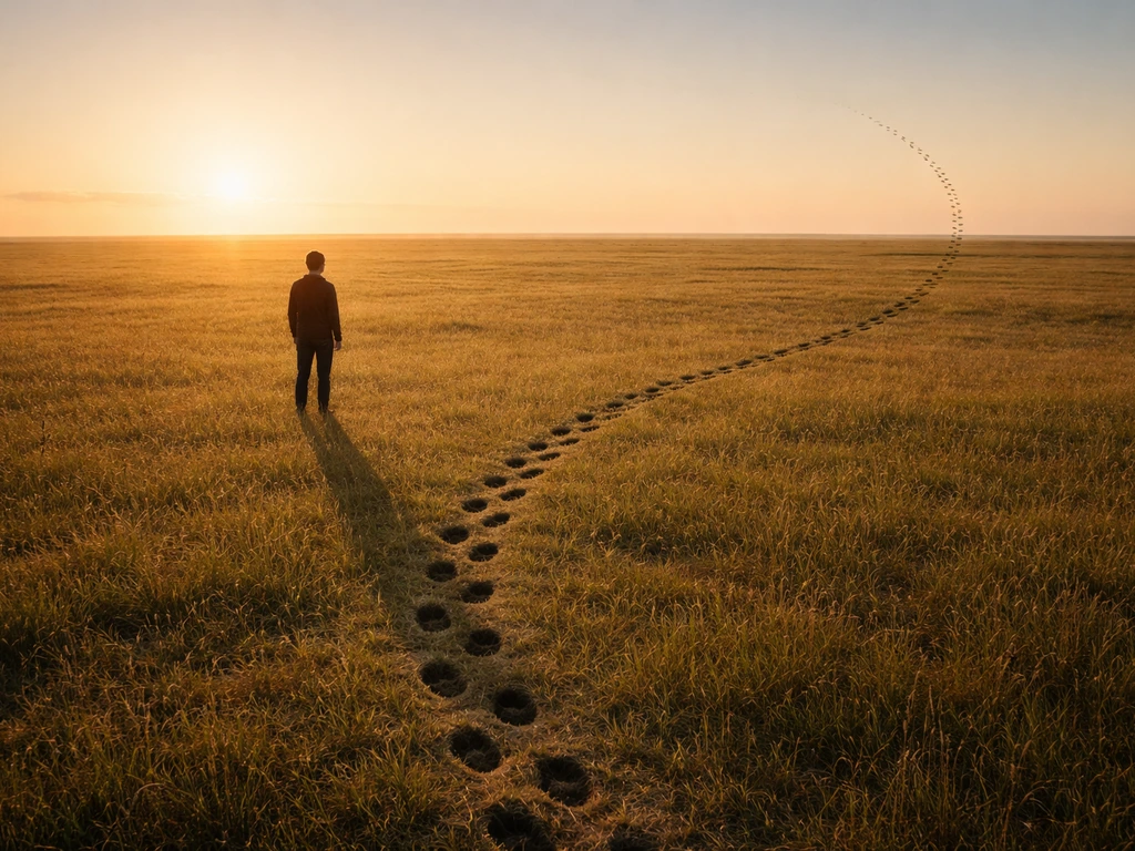 Open field with a single silhouetted figure beside a simple rising J-shaped path suggesting exponential growth.