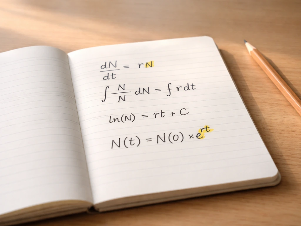 Minimal desk scene with an open notebook showing a handwritten exponential growth equation and substitution steps.