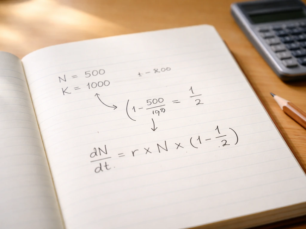 Close-up of a notebook showing a logistic growth equation and arrows computing the brake factor and dN/dt.