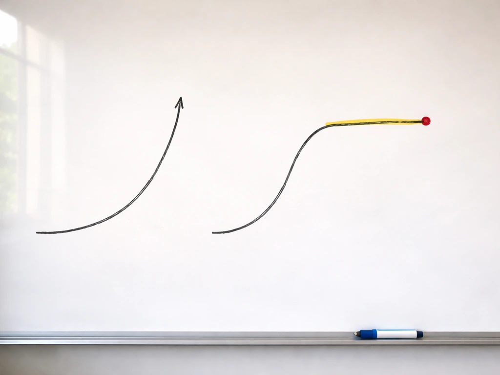 Whiteboard with two simple curve shapes: a rising J-curve and an S-curve flattening into a plateau.