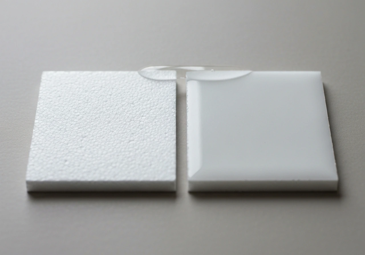Split macro photo showing plasma-treated matte polystyrene vs untreated glossy polystyrene with differing wetting.