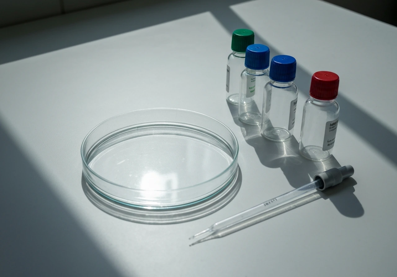 Minimal lab bench scene with three small sterile coating reagent bottles beside a culture dish