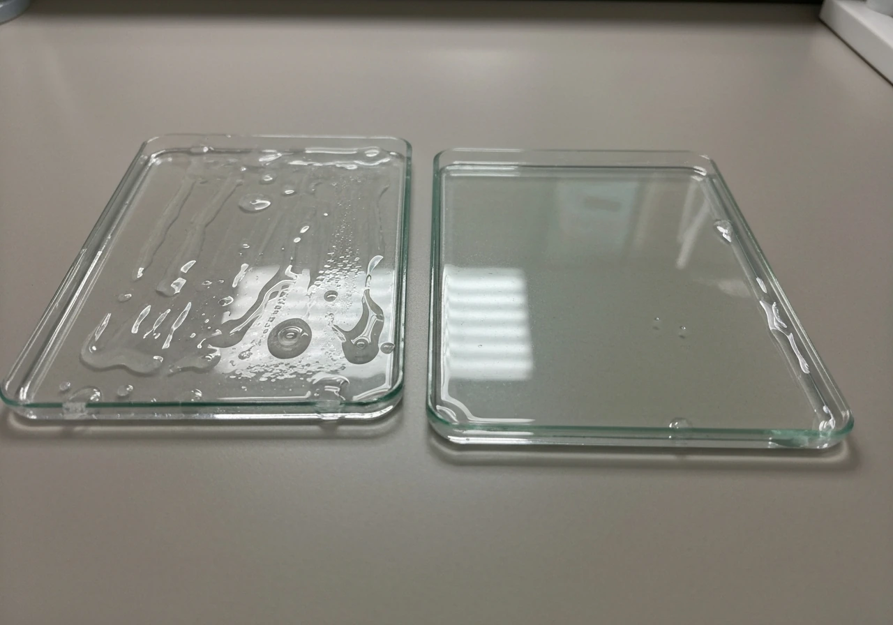 Close-up of a coated lab plate showing uneven streaks and bubbles, next to a uniformly coated example.