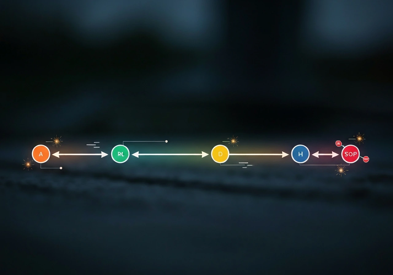Minimal glowing relay-race style cell-cycle pathway with subtle accelerator and brake checkpoint icons.