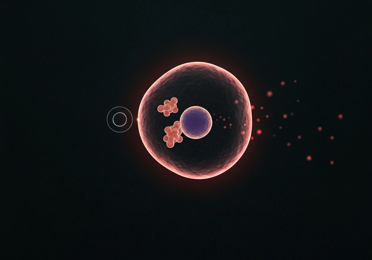 Minimal cell visualization with glowing checkpoint ring and nearby CDK-inhibitor shapes, apoptosis cues in the edges.