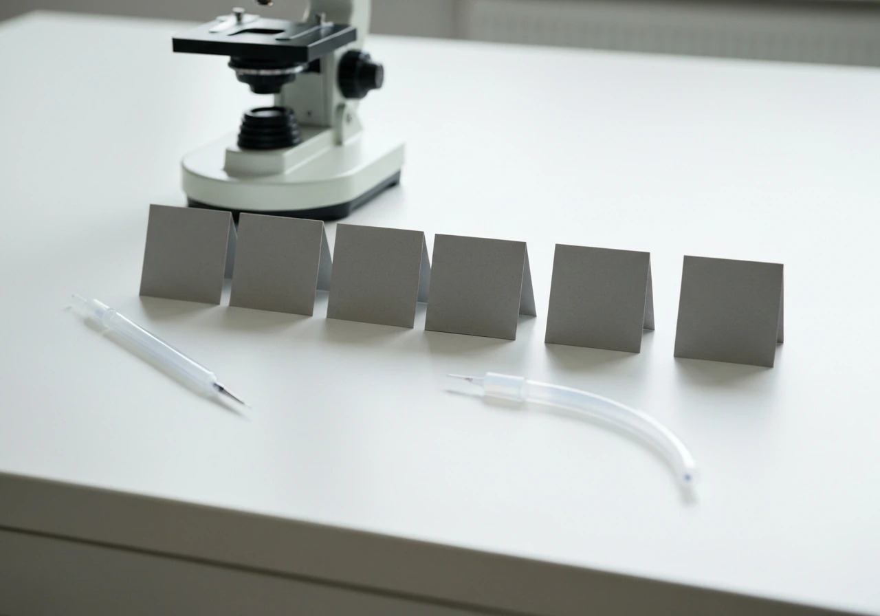 Minimal lab desk scene with five unlabeled gene category cards arranged for side-by-side comparison.