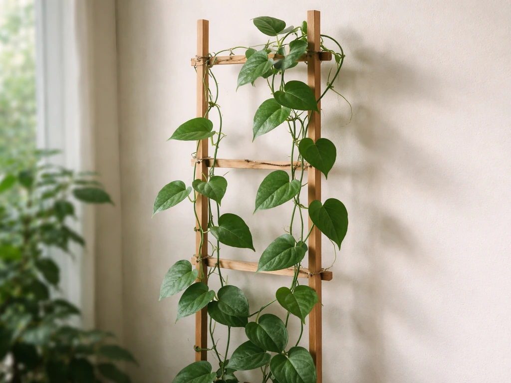 Climbing plant wrapped to a small trellis with guide strings, upright and thriving in soft natural light.