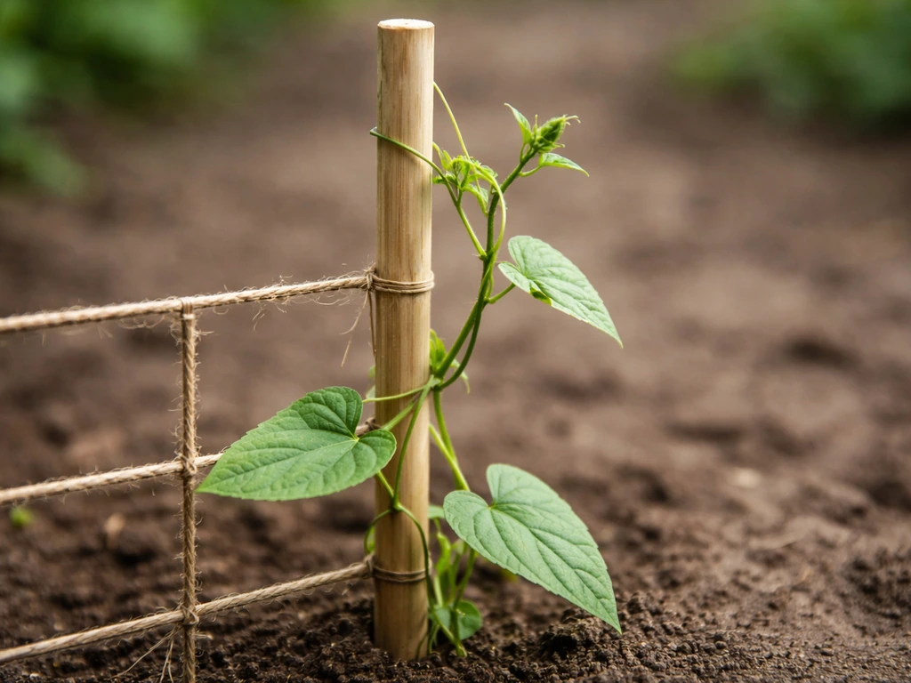 A young climbing plant supported by a stake and trellis, showing an external skeleton-like support.