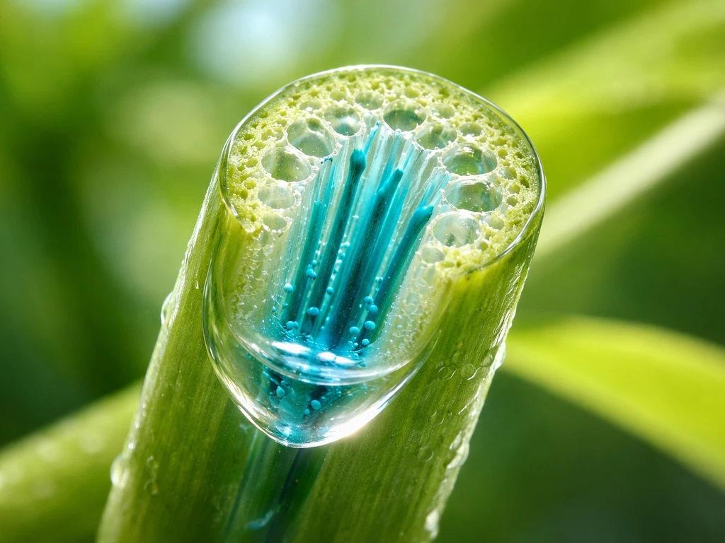 Close-up cutaway of a plant stem showing xylem-like channels with dyed liquid moving upward.