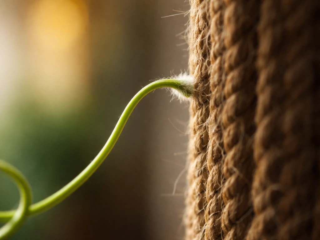 Close-up of a plant tendril tip touching a vertical rope, showing the contact moment.