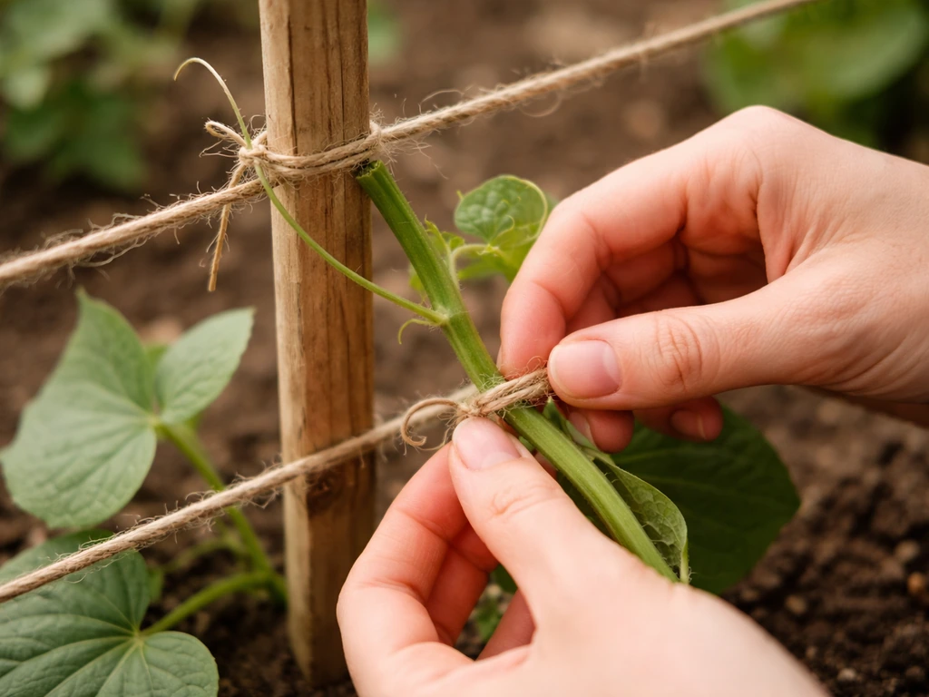 Hands tying a flopping vine to a small trellis with twine in a bright home garden