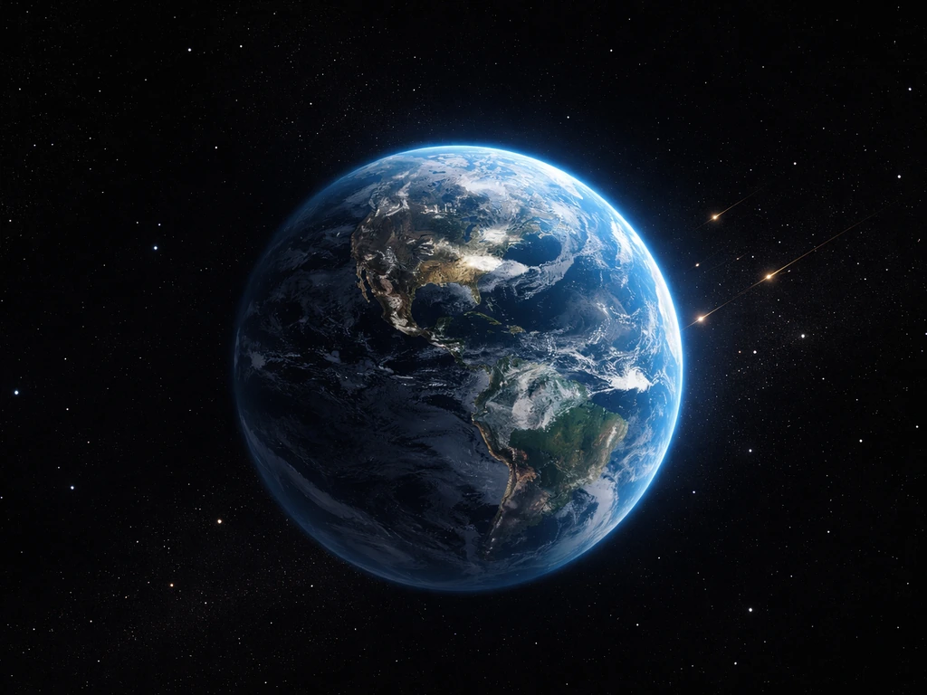 Earth in space with subtle incoming dust specks glowing at the atmosphere, suggesting gradual accretion.