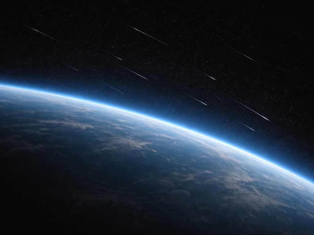 Close view of Earth’s upper atmosphere with faint cosmic dust streaks entering from space