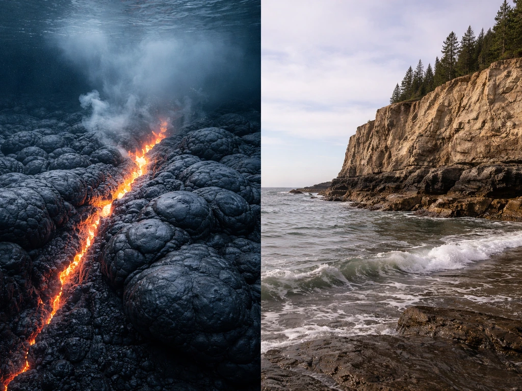 Split-view photo showing a mid-ocean ridge creating new rock and a distant uplifted coastline with waves.
