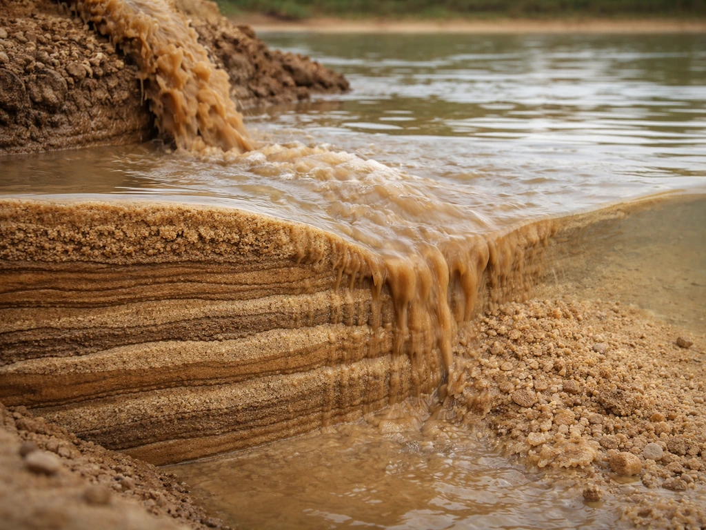 Brown river sediment pours into a delta basin, showing stacked horizontal sediment layers clearly.