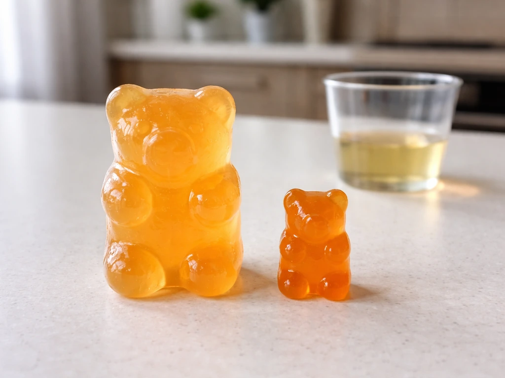 Two gummy bears on a kitchen counter: one swollen after soaking in vinegar, one unsoaked smaller.