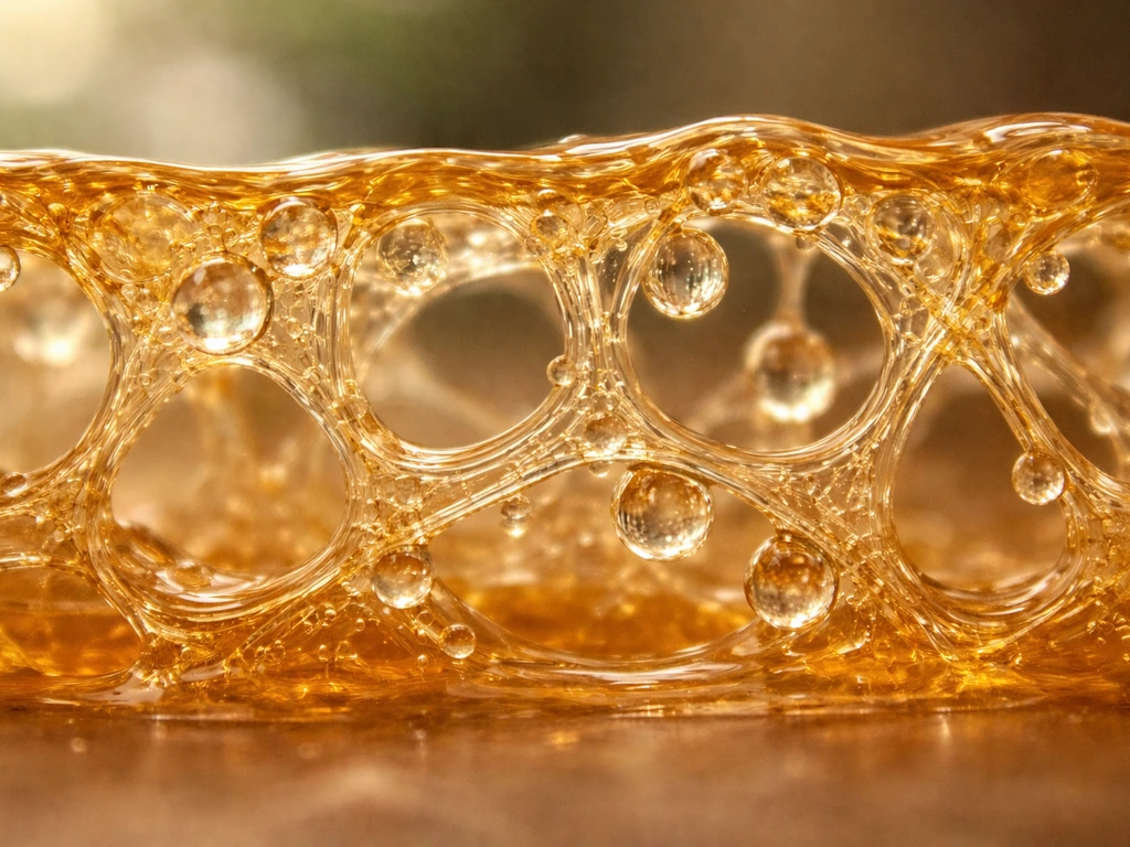 Close-up cutaway view of gelatin polymer strands holding water in a gummy gel network texture.