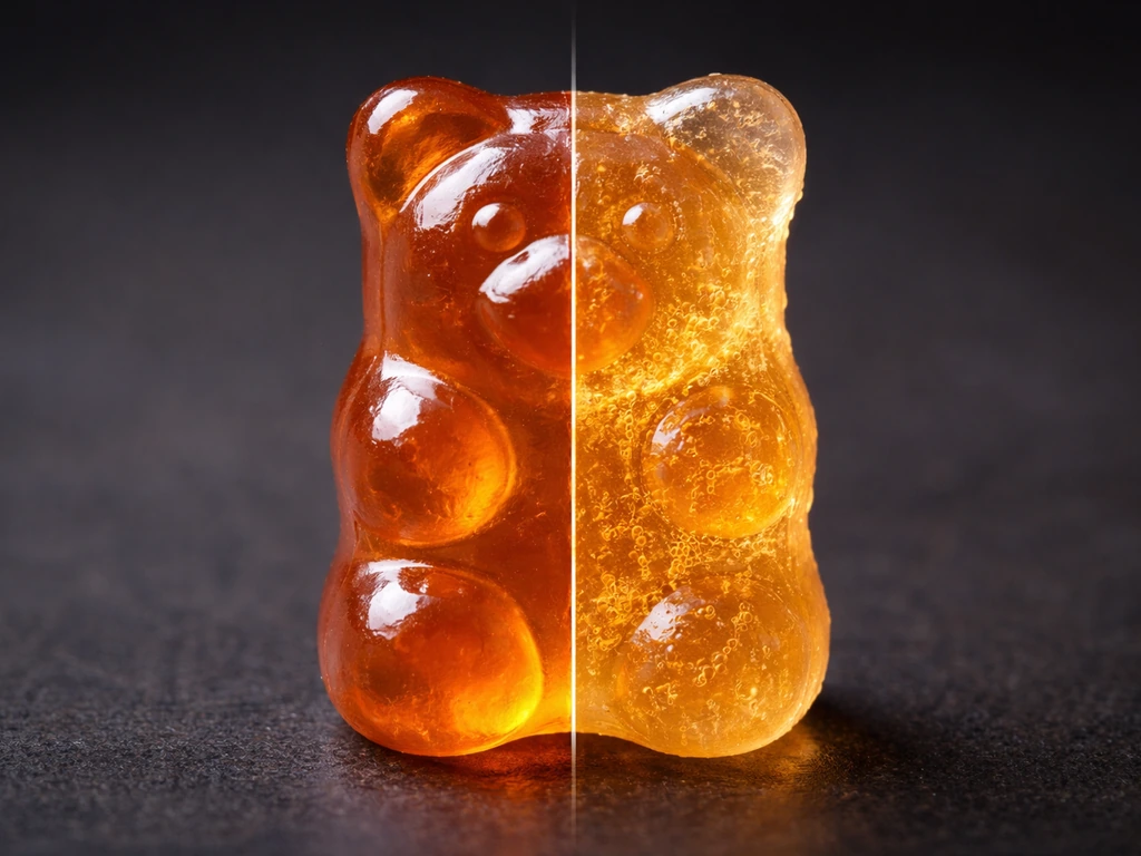 Macro close-up of a gummy bear surface showing soft, wrinkled texture after vinegar soaking.