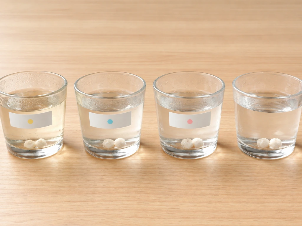 Three cups of vinegar with different labels and a plain water control for an experiment, on a simple table.