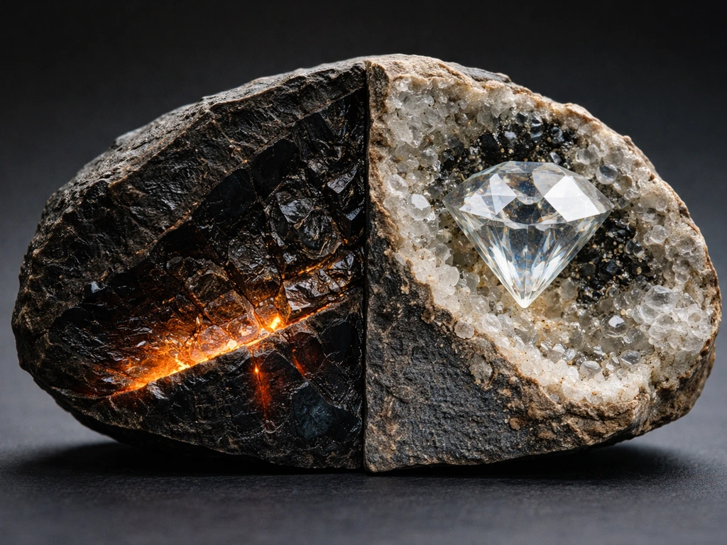 Close-up cross-section view of rough diamond crystal formation in mineral layers under mantle-like darkness.