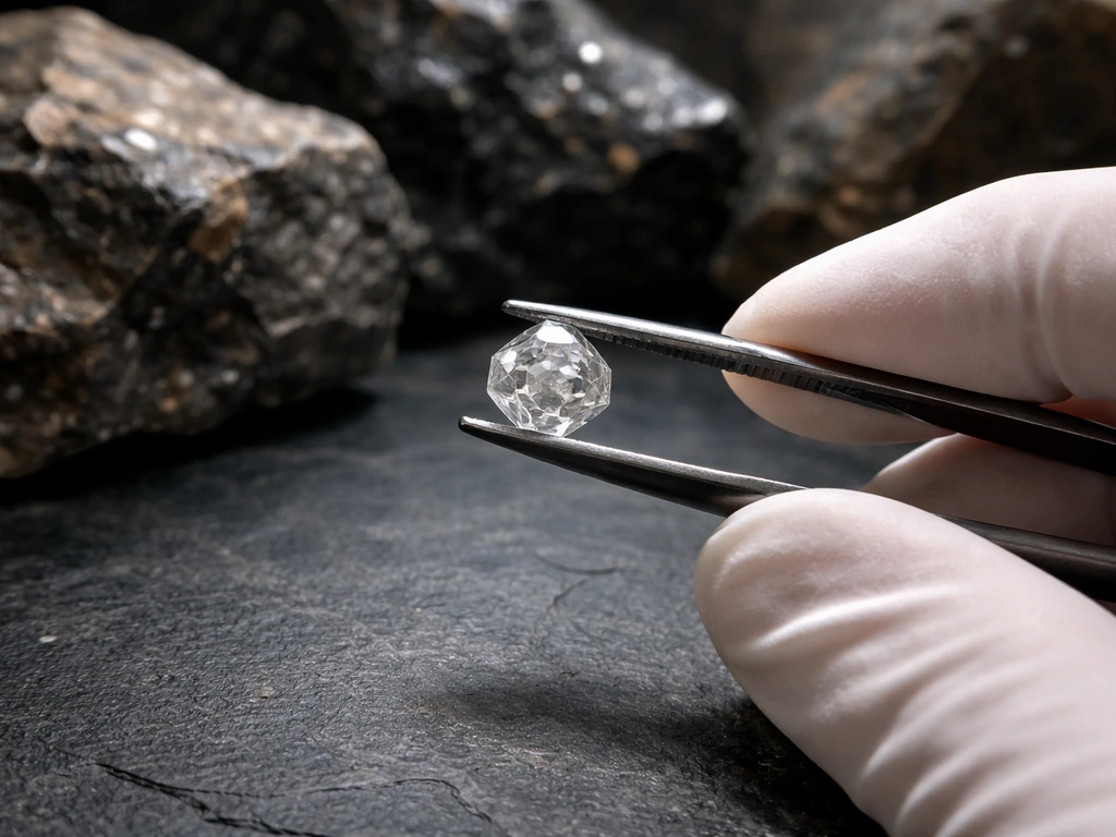 Gemologist holding a small rough diamond with a dark earth-toned background and soft light.