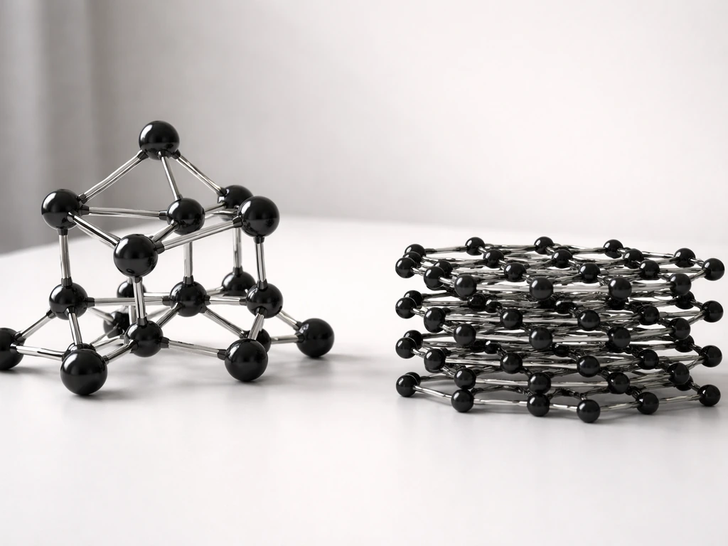Minimal photo of two carbon structures: diamond-like tetrahedral network vs graphite-like layered sheets.
