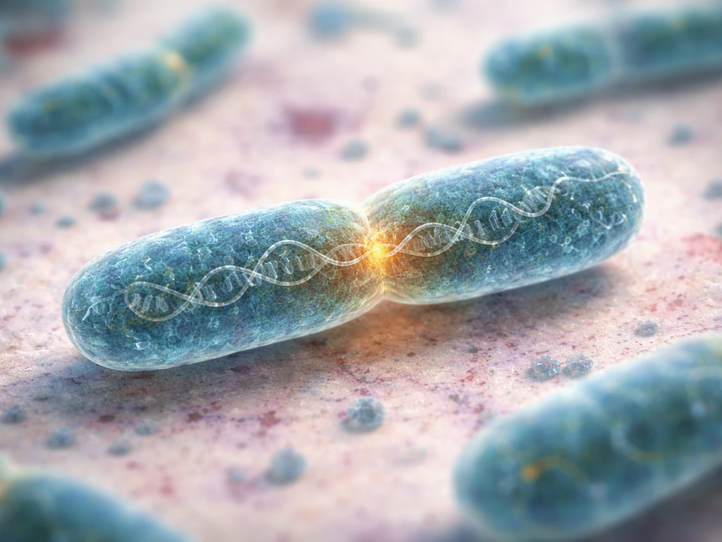 Cell cycle stages shown as distinct DNA and mid-division septum in a micrograph-like view