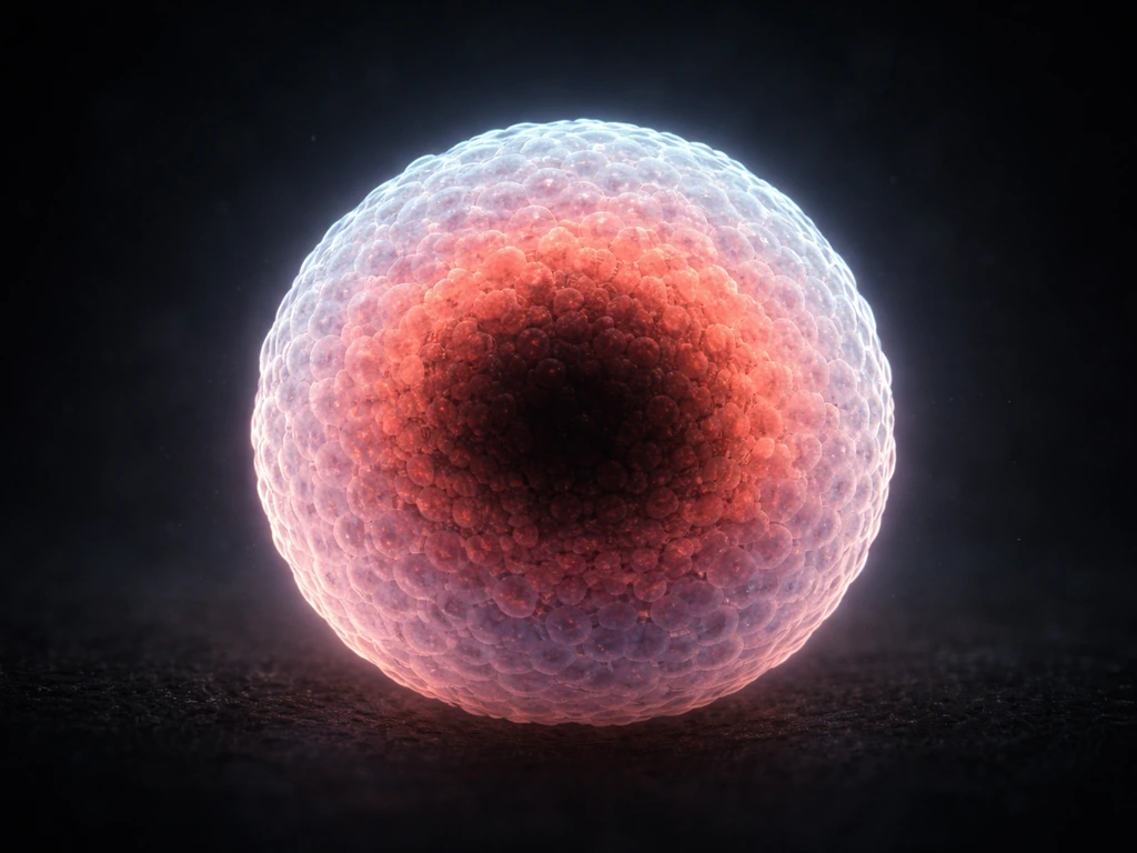 Microscopy-style cross-section of a 3D cell spheroid with surface nutrients and a dark necrotic core