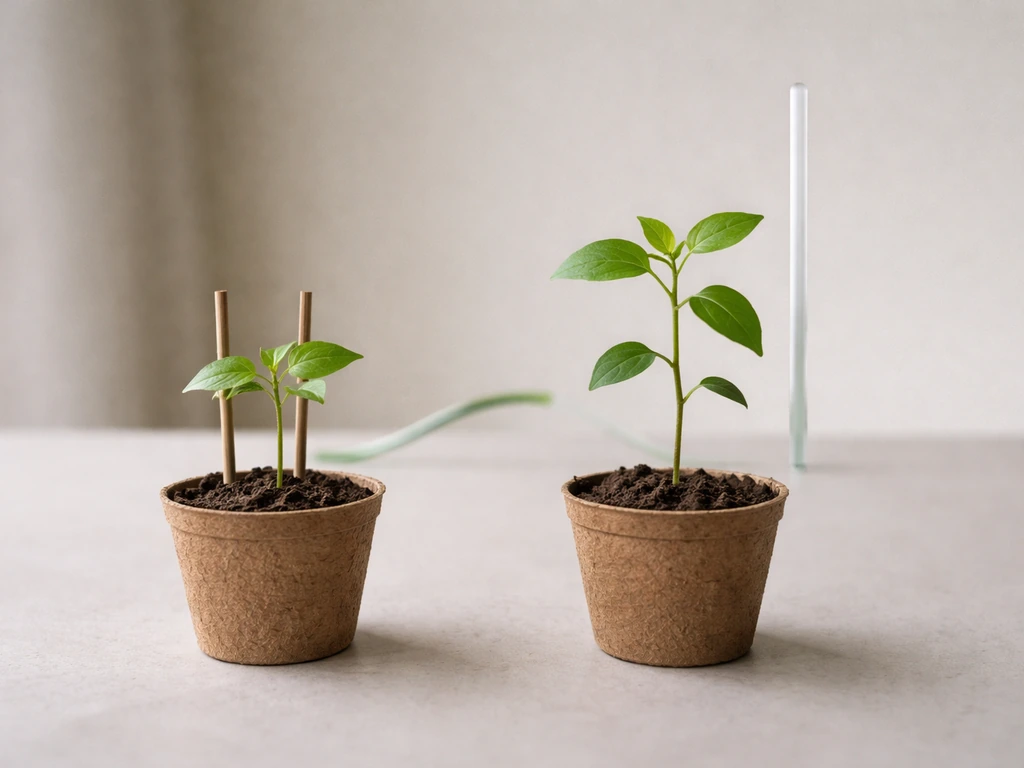 Minimal photo-style timeline showing a plant sprout that levels off versus a steady continuous growth line.