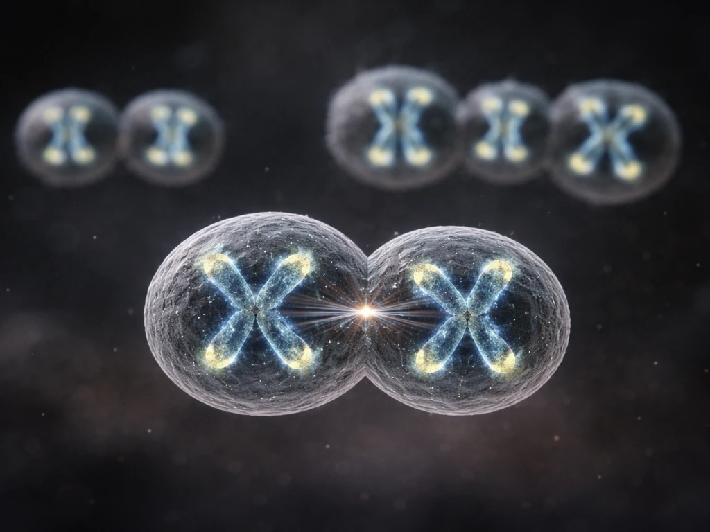 Microscopic-style view of cell divisions with shortening fluorescent telomere caps leading to cell arrest.