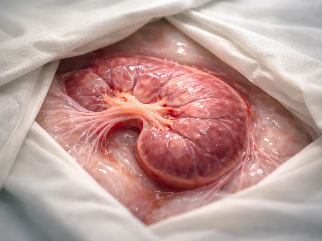 Abstract kidney/liver cross-section with subtle tissue growth and new vascular connections in a surgical setting.