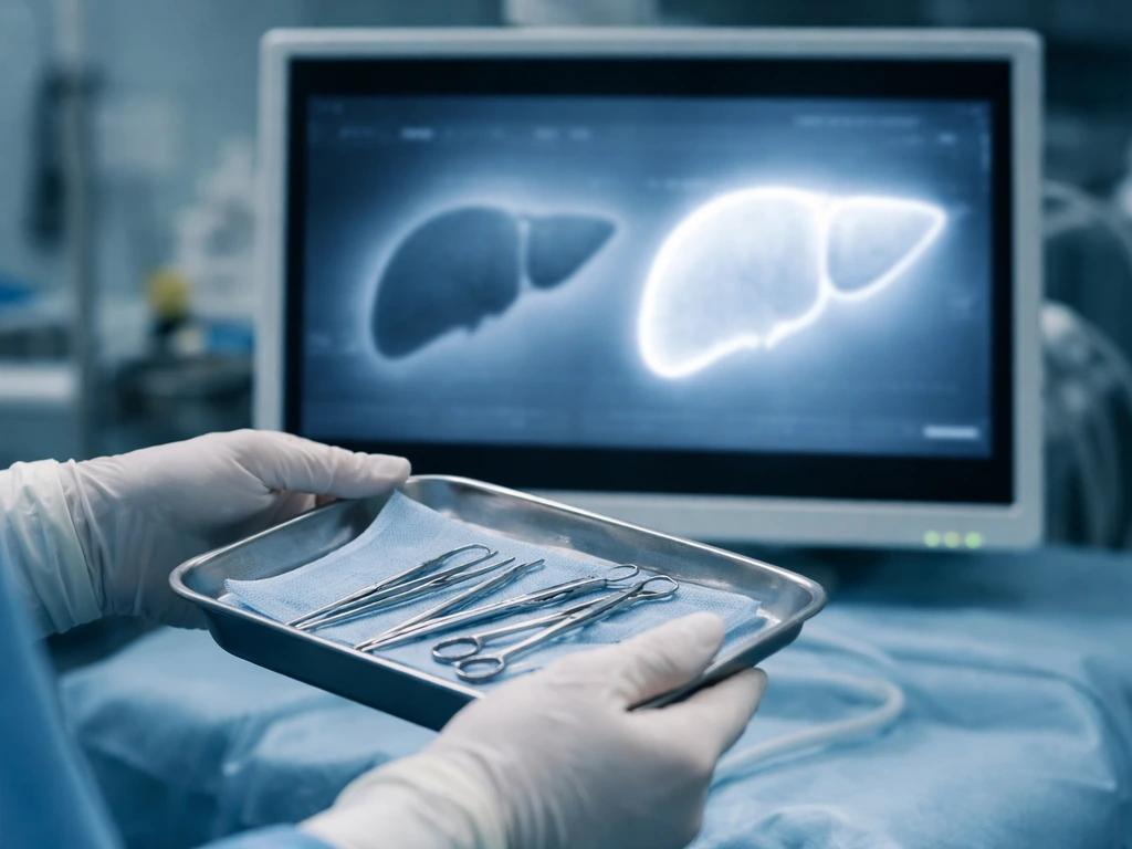 Gloved hands in an operating room beside a monitor showing two liver images with one larger.