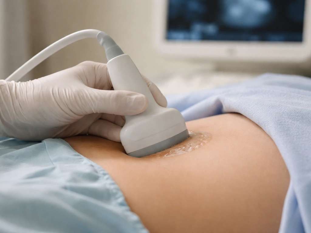 Ultrasound probe on an abdomen during a kidney transplant follow-up, minimal clinical setting.