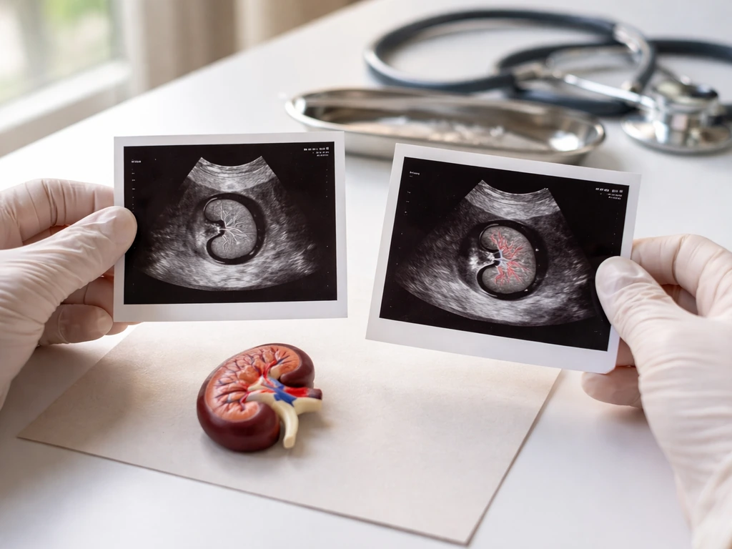 Minimal photo of an open medical imaging viewer with a kidney-shaped model on a desk, showing early vs later stages.