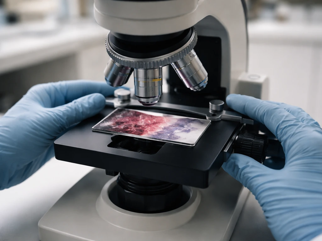 Gloved hands at a microscope with a pathology slide showing inflamed fibrotic tissue versus healthier areas.