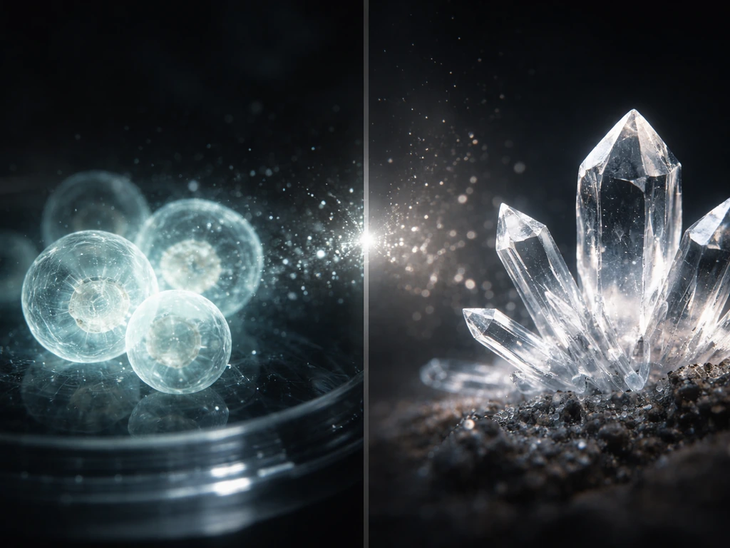 Split image of glowing cell growth on one side and faceted crystal growth on the other.