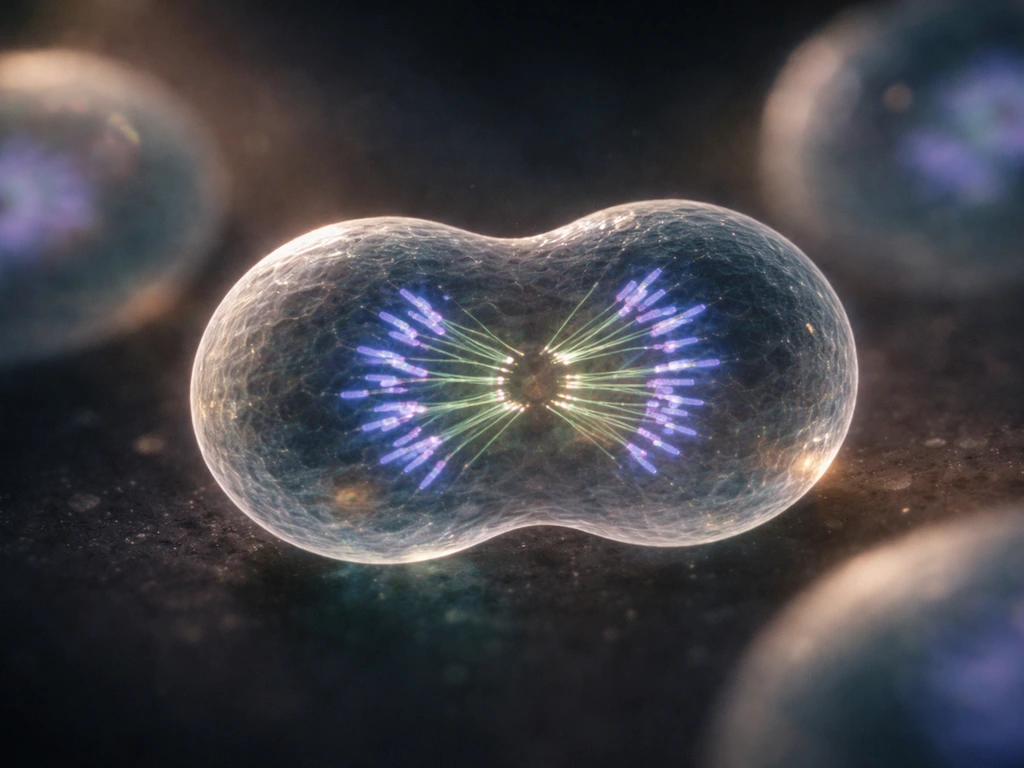 Microscope view of mitosis with condensed chromosomes separating into two forming daughter cells