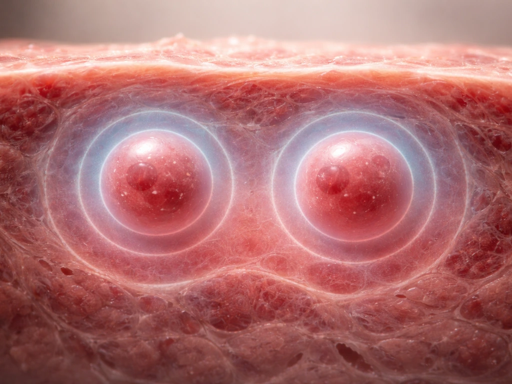 Macro cross-section of tissue with cell-sized spheres and fading oxygen diffusion around them.