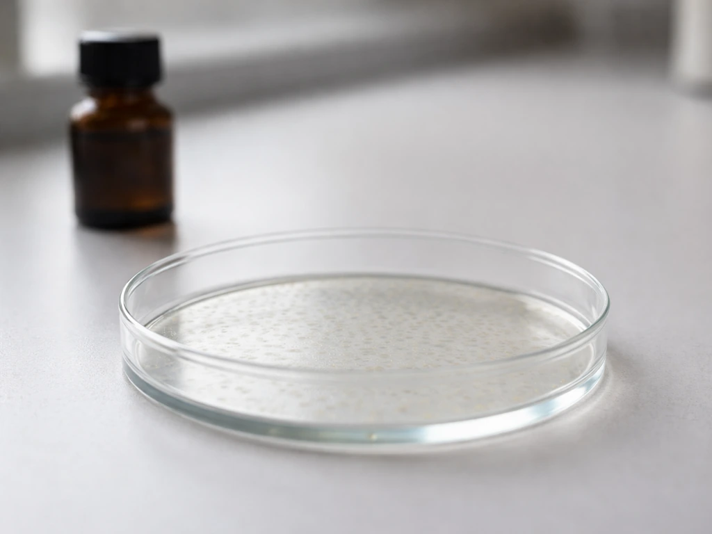 Minimal photo of an anonymous lab culture fading as a dark nutrient solution bottle sits nearby