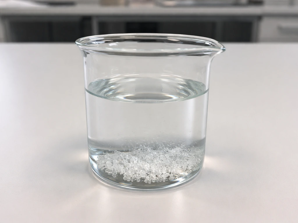 Clear lab beaker showing crystal growth slowing as the solution reaches saturation.