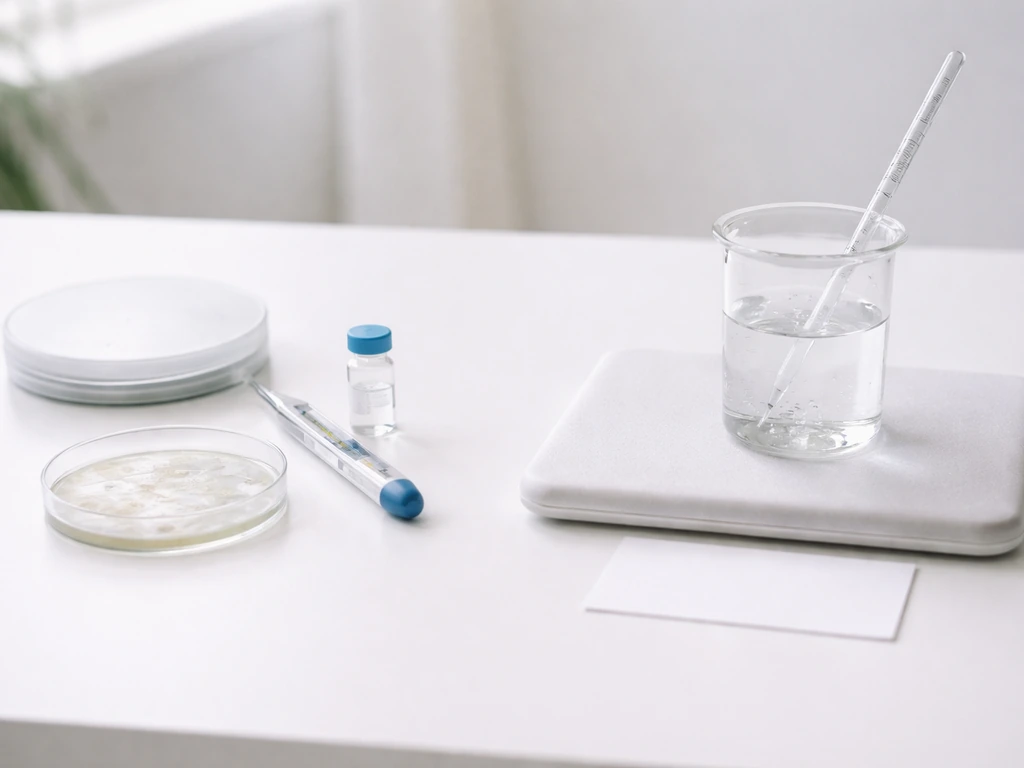 Minimal desk setup showing two labeled areas for biological vs crystal growth checks with tools and samples