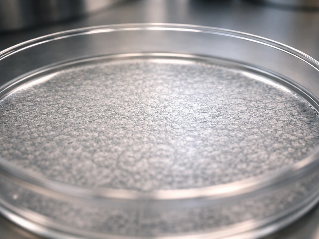 Macro view of a lab dish with dense confluent immortalized cell cultures under microscope lighting.