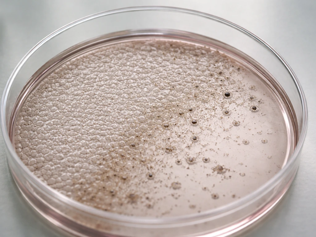 Close-up of cultured cells in a dish showing early-to-late passage aging: shrinking, granular change, and debris