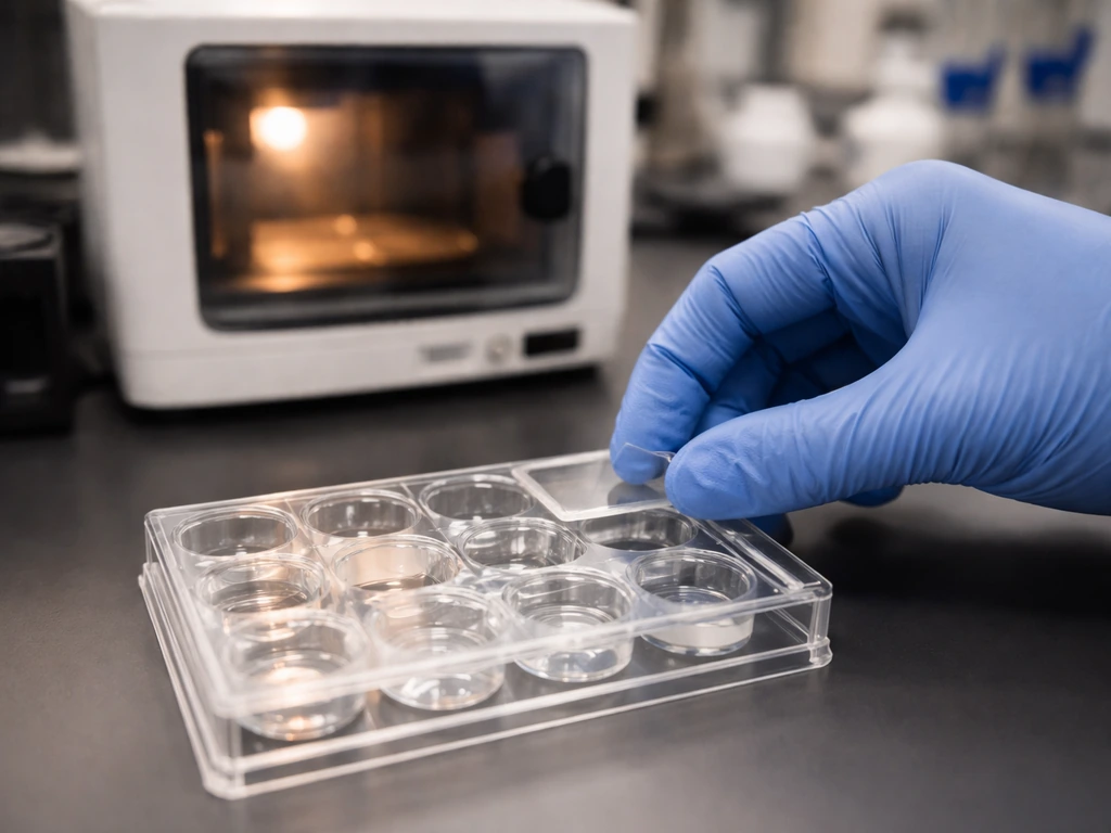 Gloved hand placing a microscope slide in a small assay tray beside a benchtop incubator, lab moment.