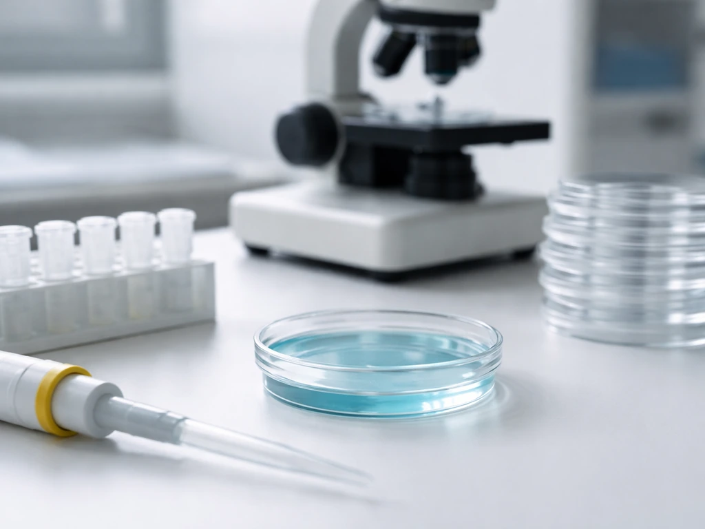 Lab bench workflow with sterile culture dishes, pipette, tubes, and a microscope monitoring cell proliferation.