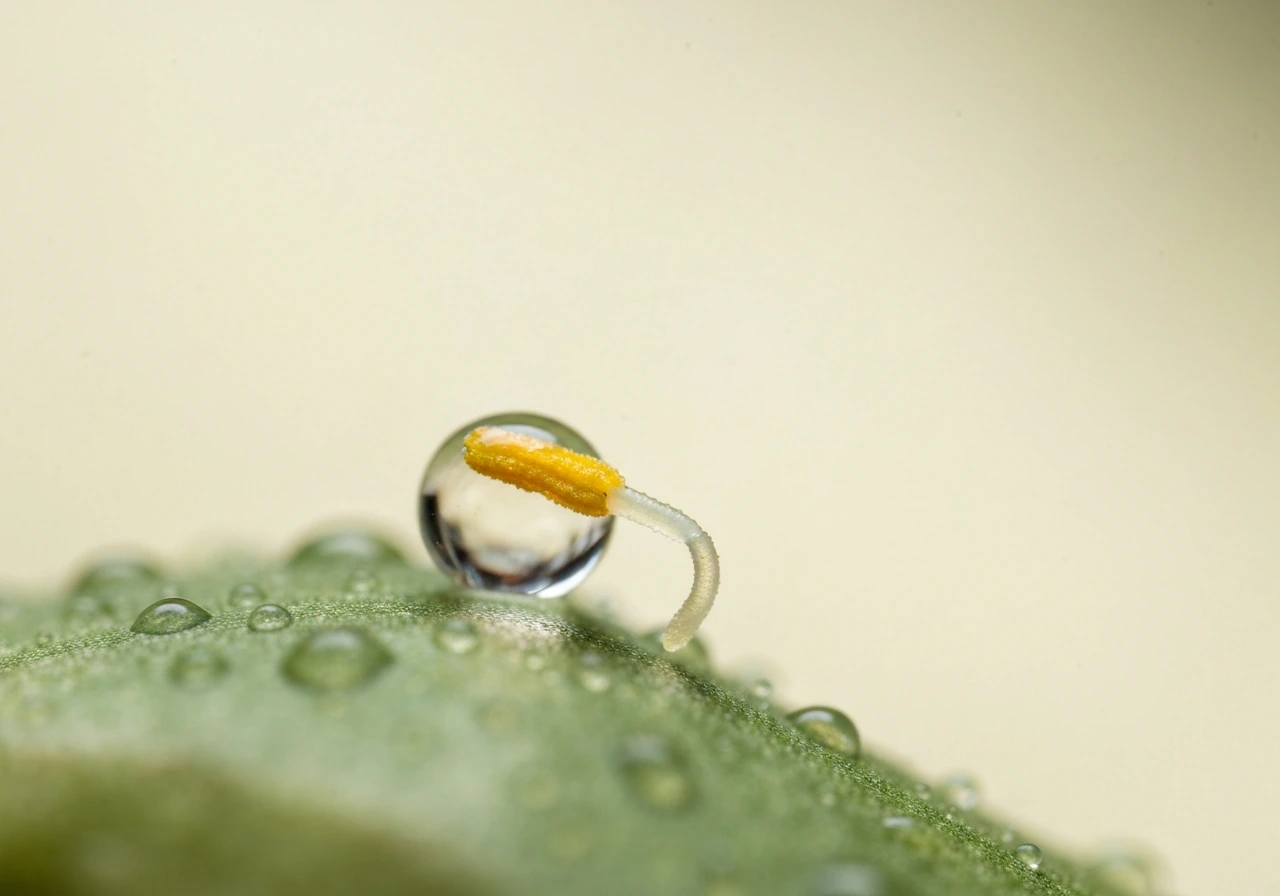 Macro view of a hydrated pollen grain on a stigma with a pollen tube just starting to grow.