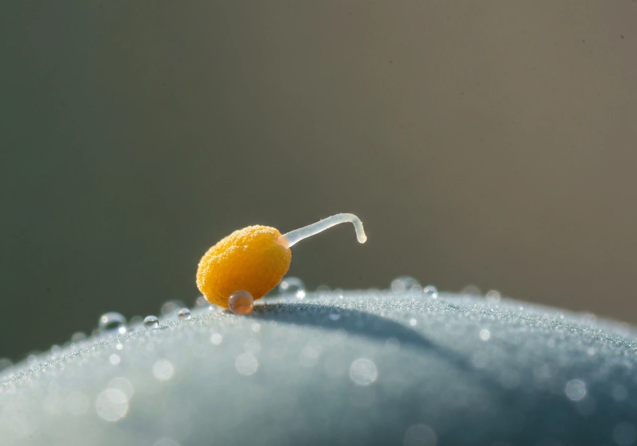 Macro of one pollen grain on a stigma surface with a thin pollen tube just emerging.